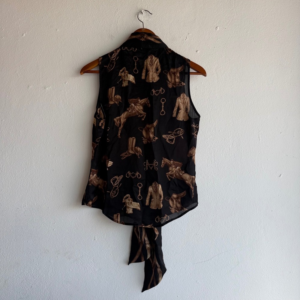 Lauren Ralph Lauren Black Silk Equestrian Horse Print Tie Neck Sleeveless Blouse - Picture 4 of 15